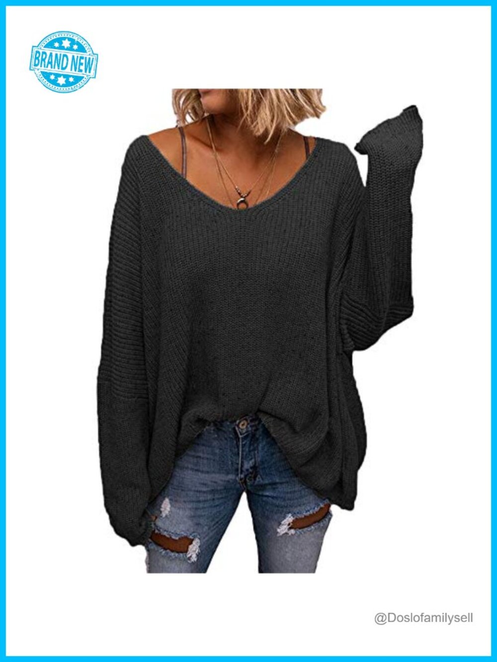Waffle Knit V Neck Oversized Pullover Sweater Top Long Sleeve